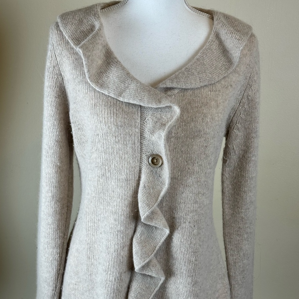 Carole Little Cream Ruffle-Front Knit Cardigan